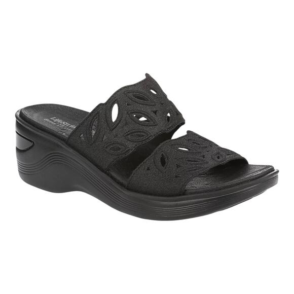 LifeStride Women's Delight Washable Slide Wedge Sandals Black Size 8 W - Picture 1 of 4